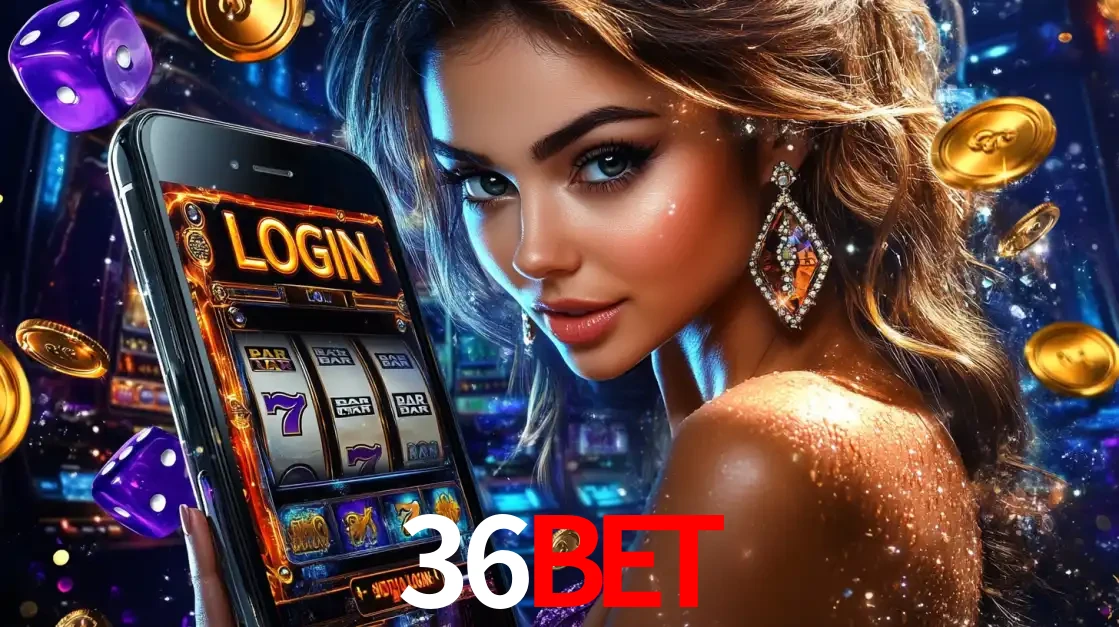 Mulher glamorosa segurando um smartphone com a tela de login para os jogos de caça-níqueis do cassino online 36BET, com moedas de ouro e dados ao redor.